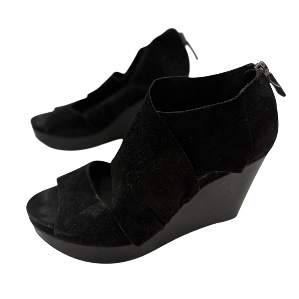 Eileen Fisher Sz 6.5 Black Suede Platform Wedge High Heel Sandals Shoes
